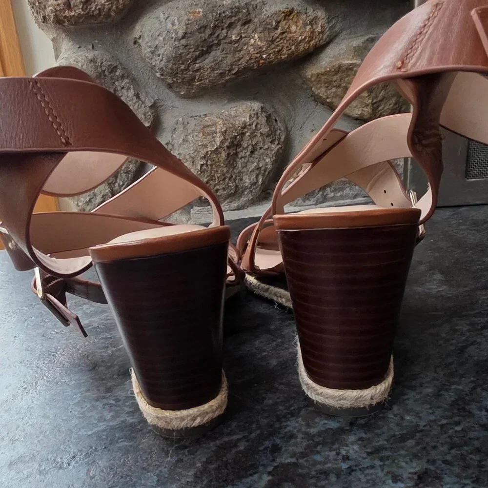 Essex Lane Brown Leather Strappy Wedge Sandals Size 9M